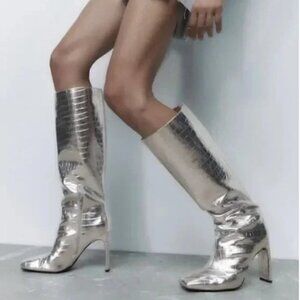 NWT Zara Metallic Silver Faux Leather Knee High Boots, Size 7.5